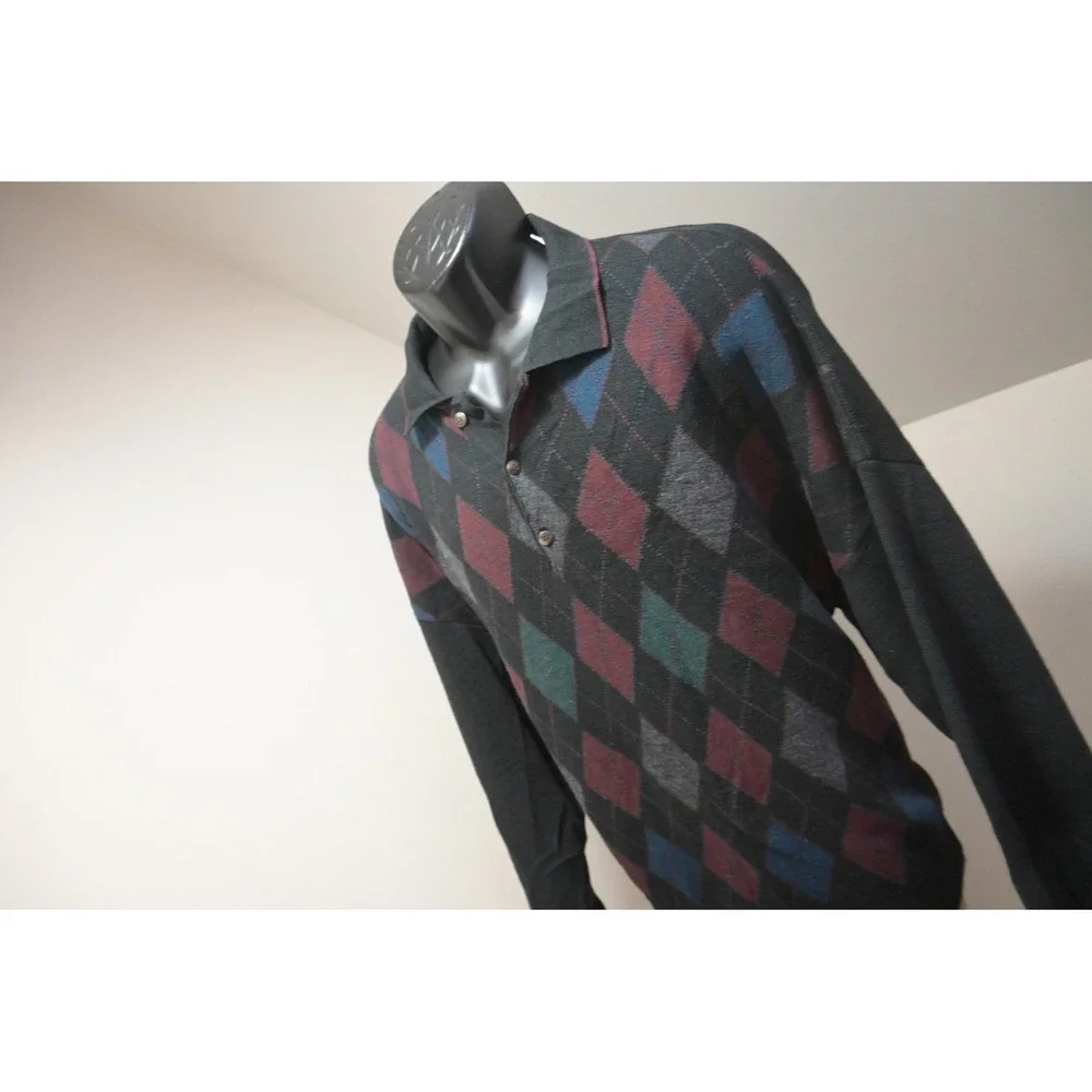 Florence Tricot Polo Sweater Mens XXL Black Argyle‎ Wool Blend Italy Excellent